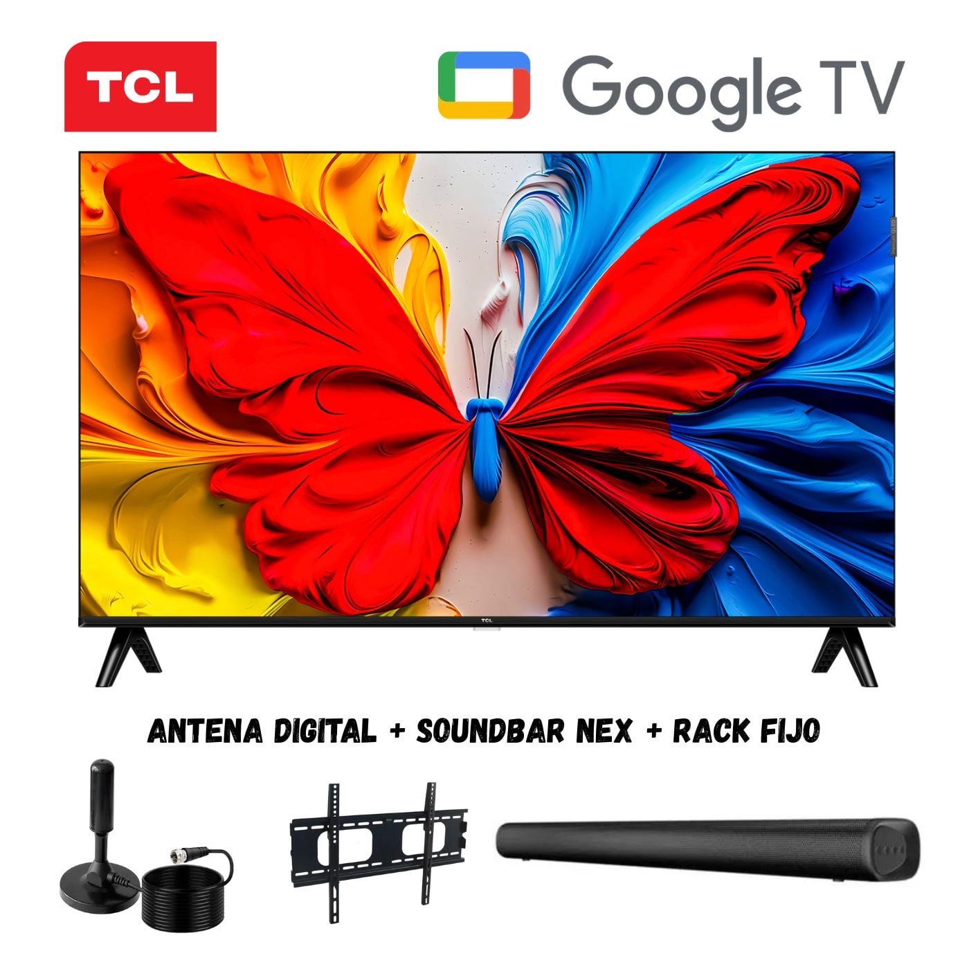TELEVISOR SMART TV TCL 43'' FHD QLED GOOGLE TV 43S5K 2025 + ANT + RACK FIJO + SOUNDBAR NEX - 1