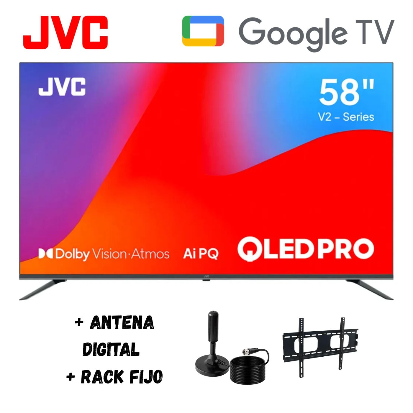 TELEVISOR SMART TV JVC 58'' UHD 4K QLED LT-58KM858 GOOGLETV 2025 + ANT + RACK FIJO - 1