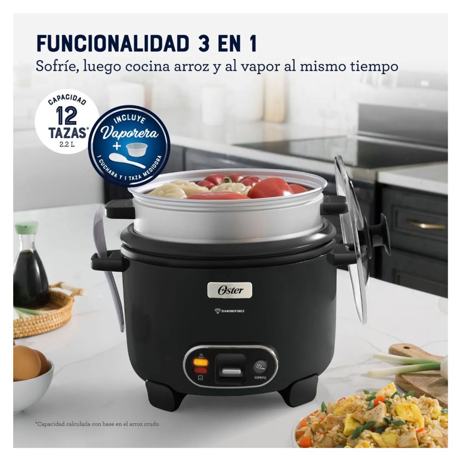 OLLA ARROCERA OSTER CKSTRC12DFBLK 3 EN 1 2.2LT DIAMOND FORCE NEGRO - 8