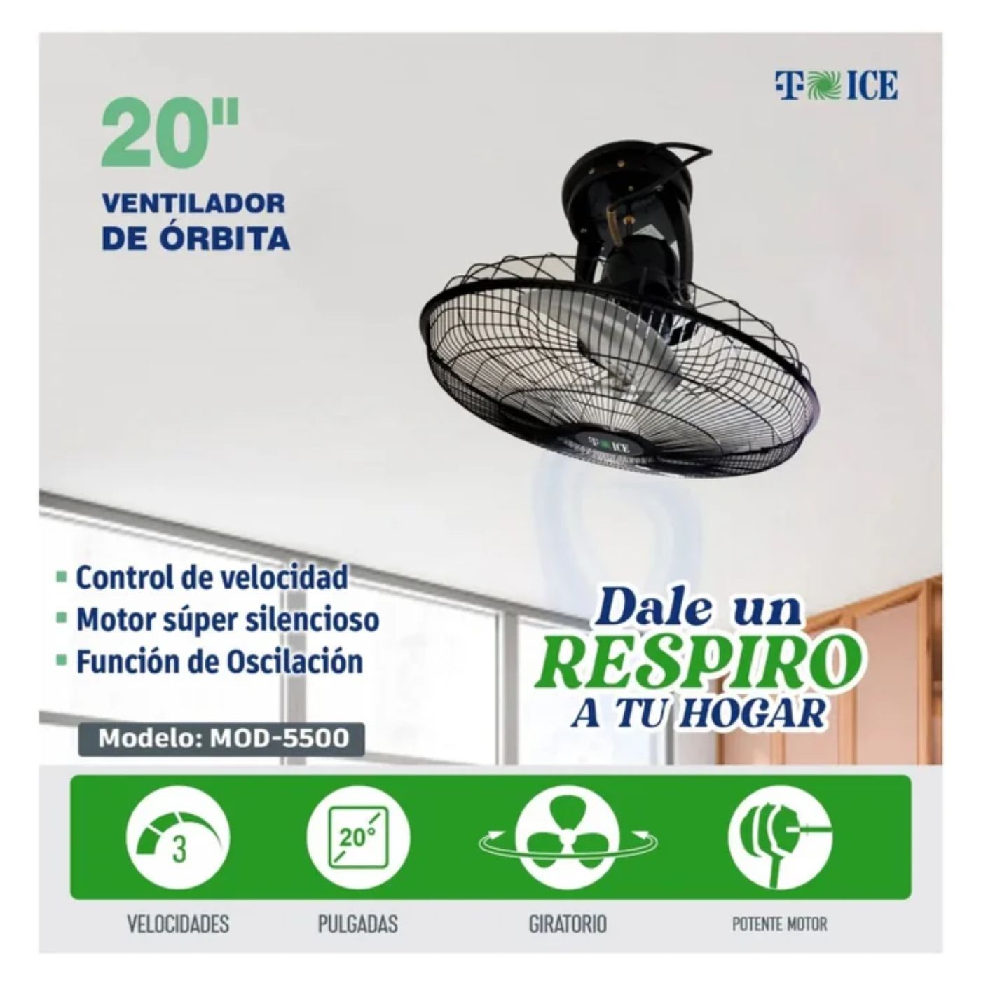 VENTILADOR DE TECHO ORBITAL T-ICE 20 PULGADAS POTENTE MOTOR 03 VEL - 4