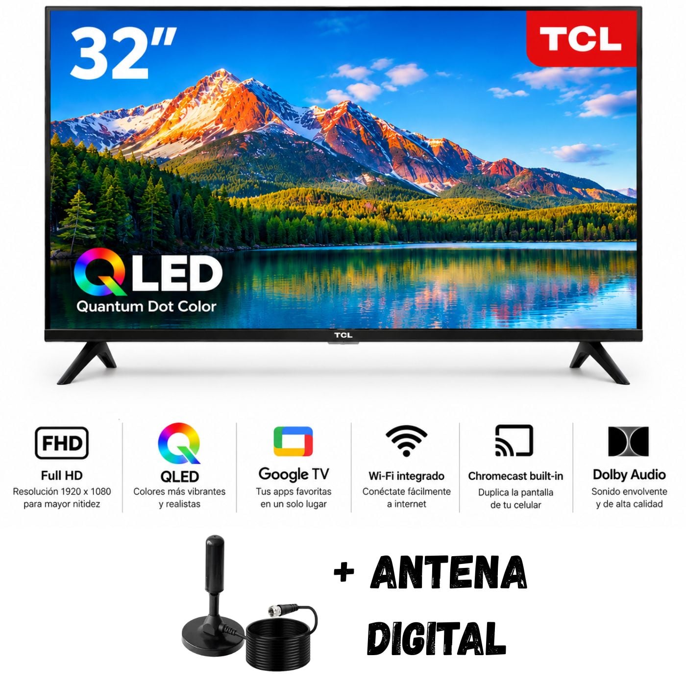 TELEVISOR SMART TV 32'' TCL QLED FHD GOOGLETV 32V51C 2025 + ANTENA DIGITAL - 1