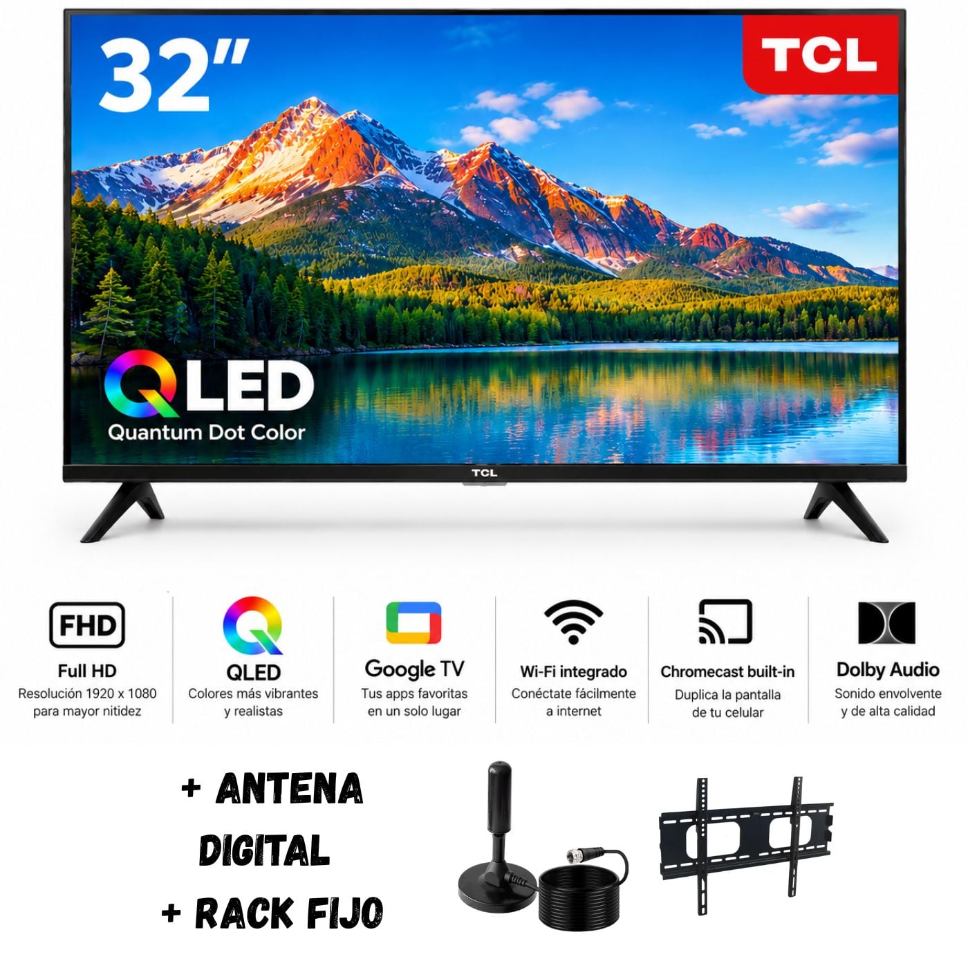TELEVISOR SMART TV 32'' TCL QLED FHD GOOGLETV 32V51C 2025 + ANT + RACK FIJO - 1