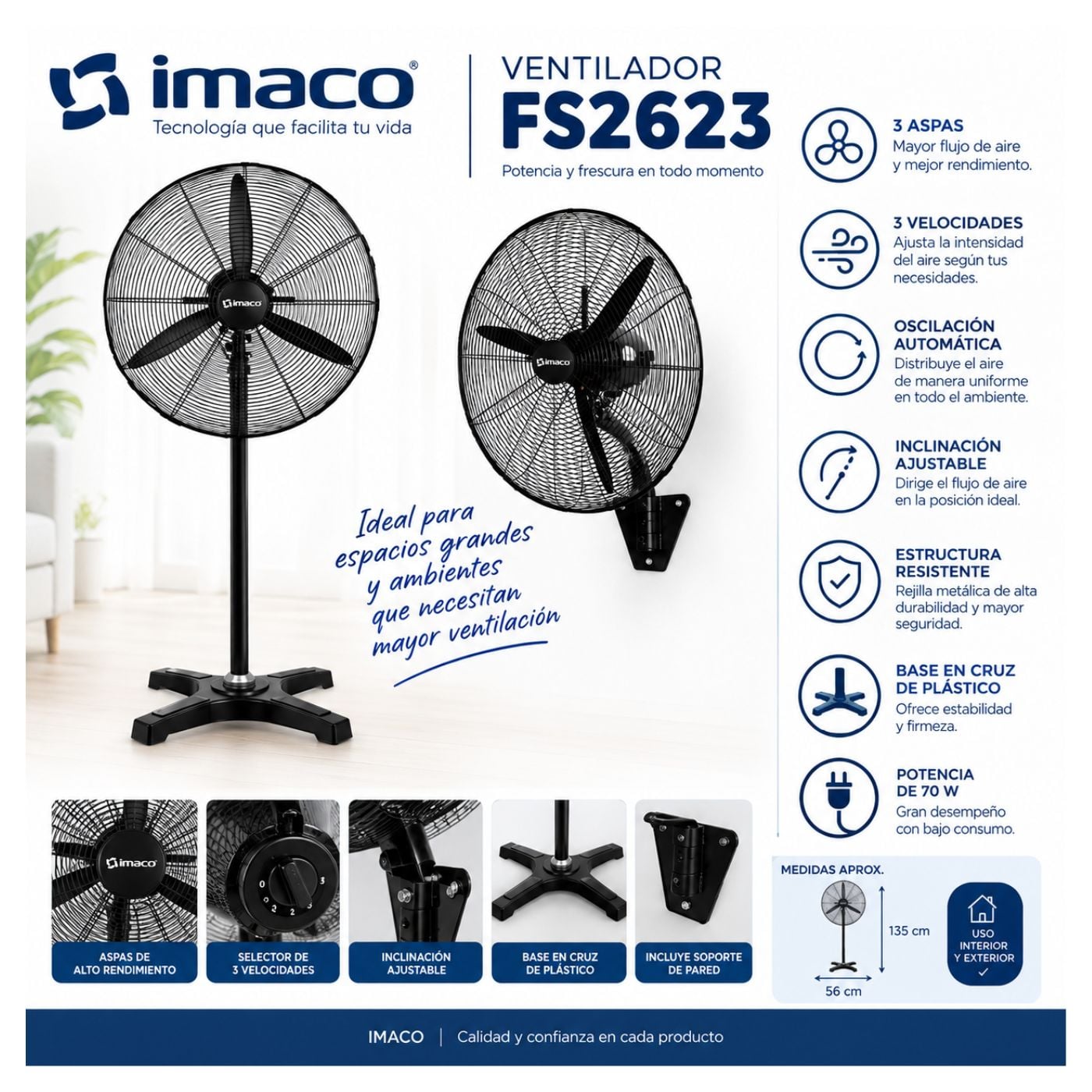VENTILADOR INDUSTRIAL IMACO 26'' PARED Y PEDESTAL  FS2623E - 2