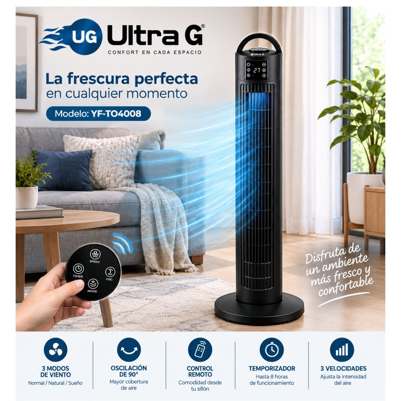 VENTILADOR DE TORRE 40'' ULTRA G YF-TO4008 SILENCIOSO 100W - 1