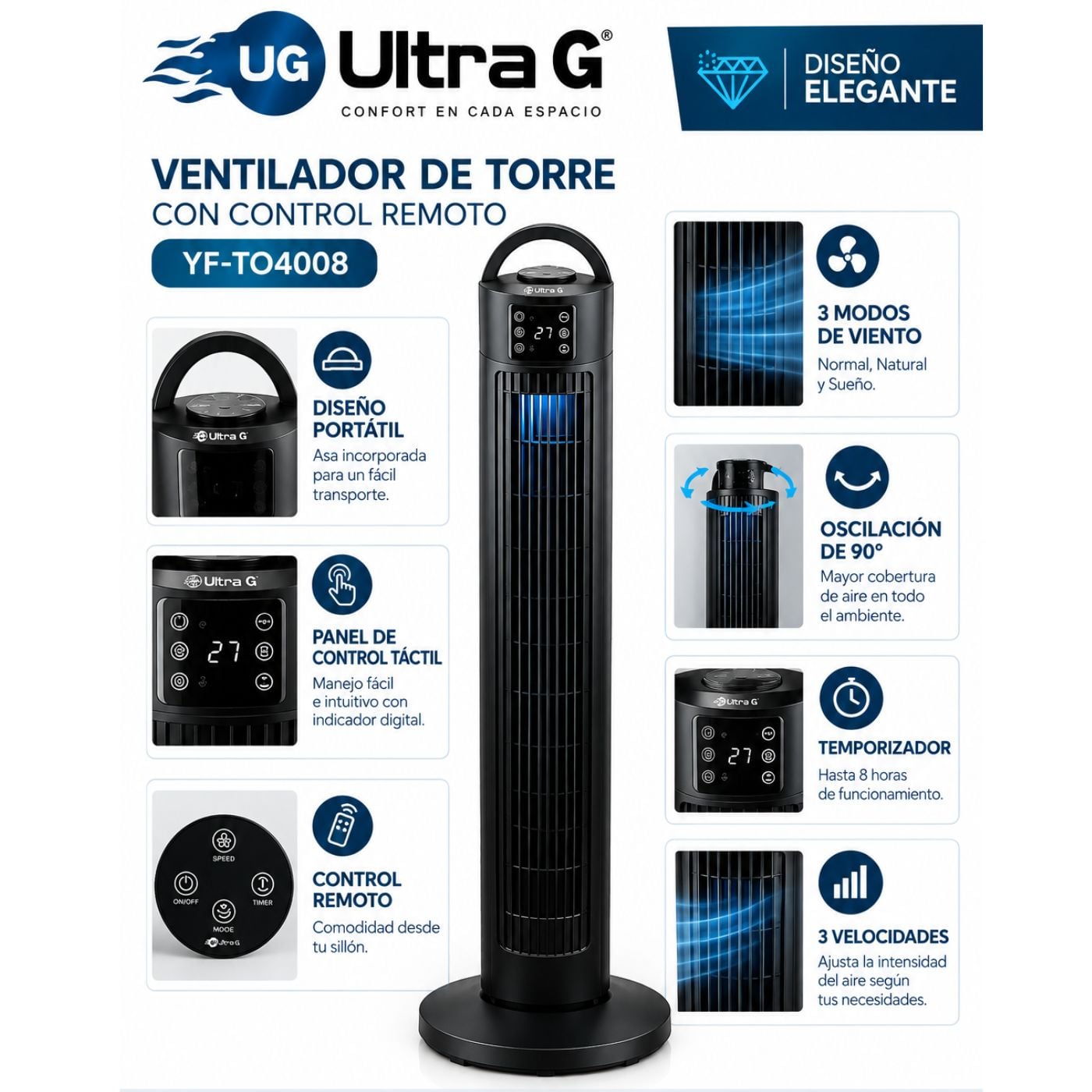 VENTILADOR DE TORRE 40'' ULTRA G YF-TO4008 SILENCIOSO 100W - 2