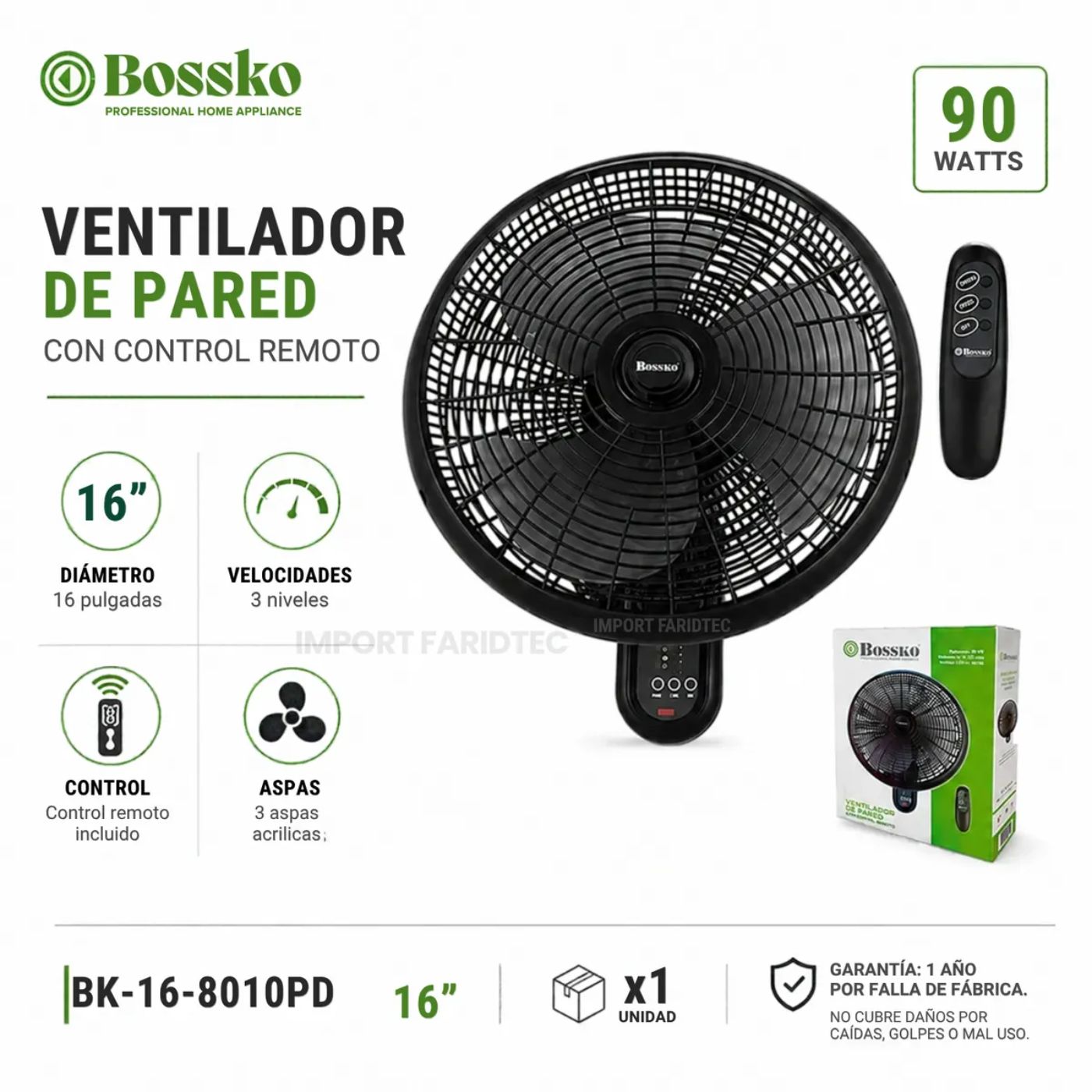 VENTILADOR DE PARED BOSSKO BK-16-8010PD 90W NEGRO - 1