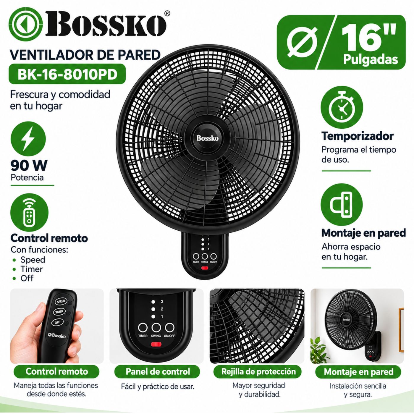 VENTILADOR DE PARED BOSSKO BK-16-8010PD 90W NEGRO - 2