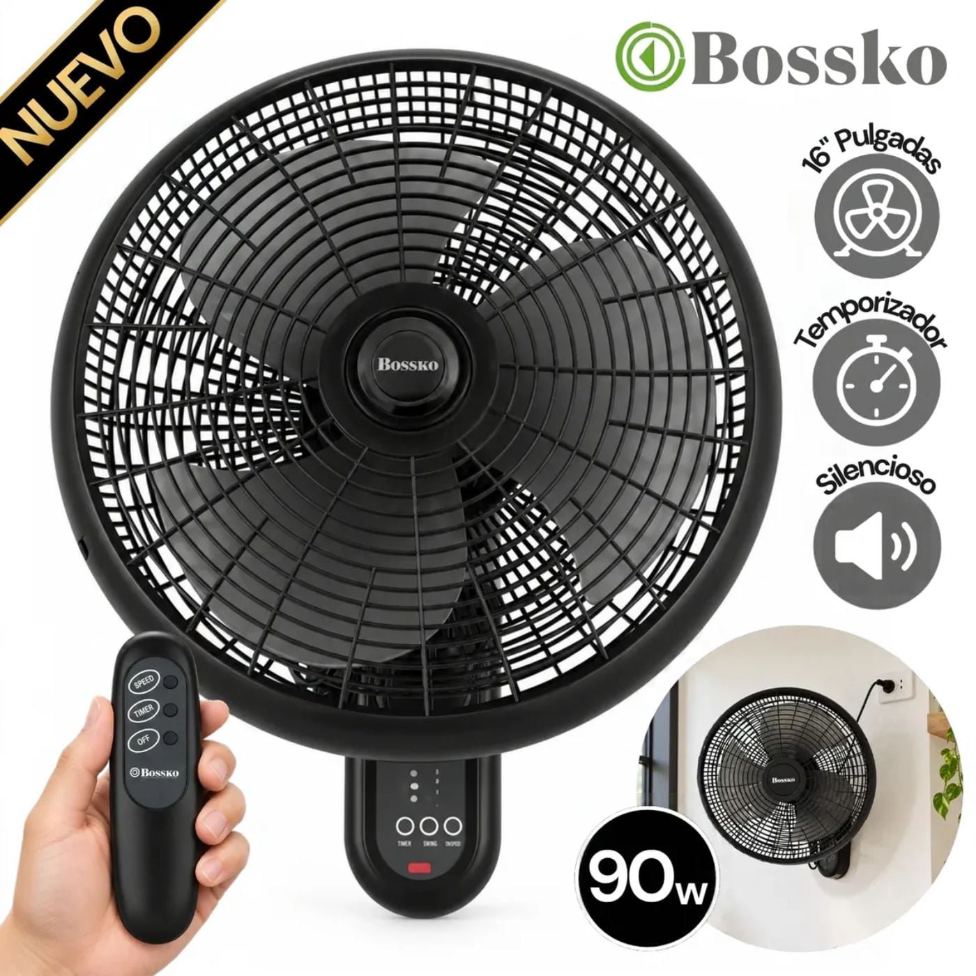 VENTILADOR DE PARED BOSSKO BK-16-8010PD 90W NEGRO - 3