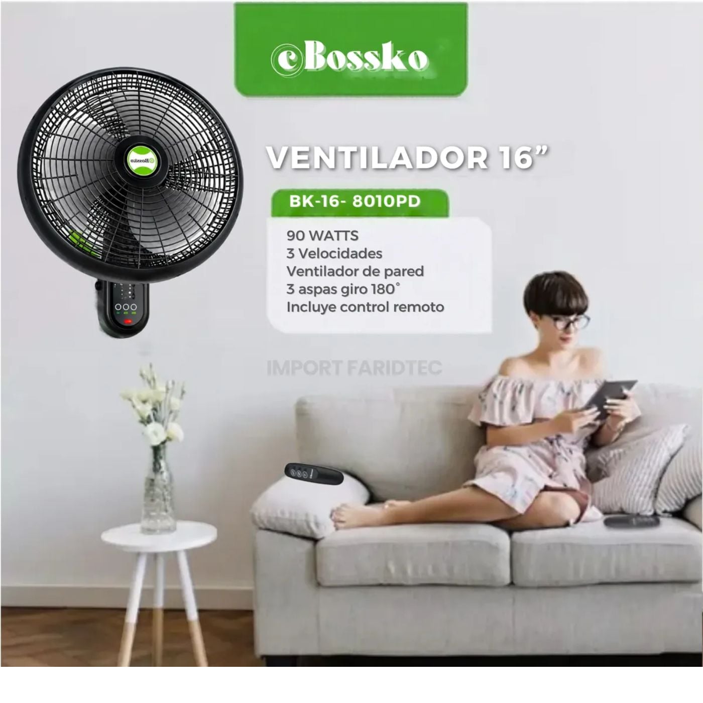 VENTILADOR DE PARED BOSSKO BK-16-8010PD 90W NEGRO - 4