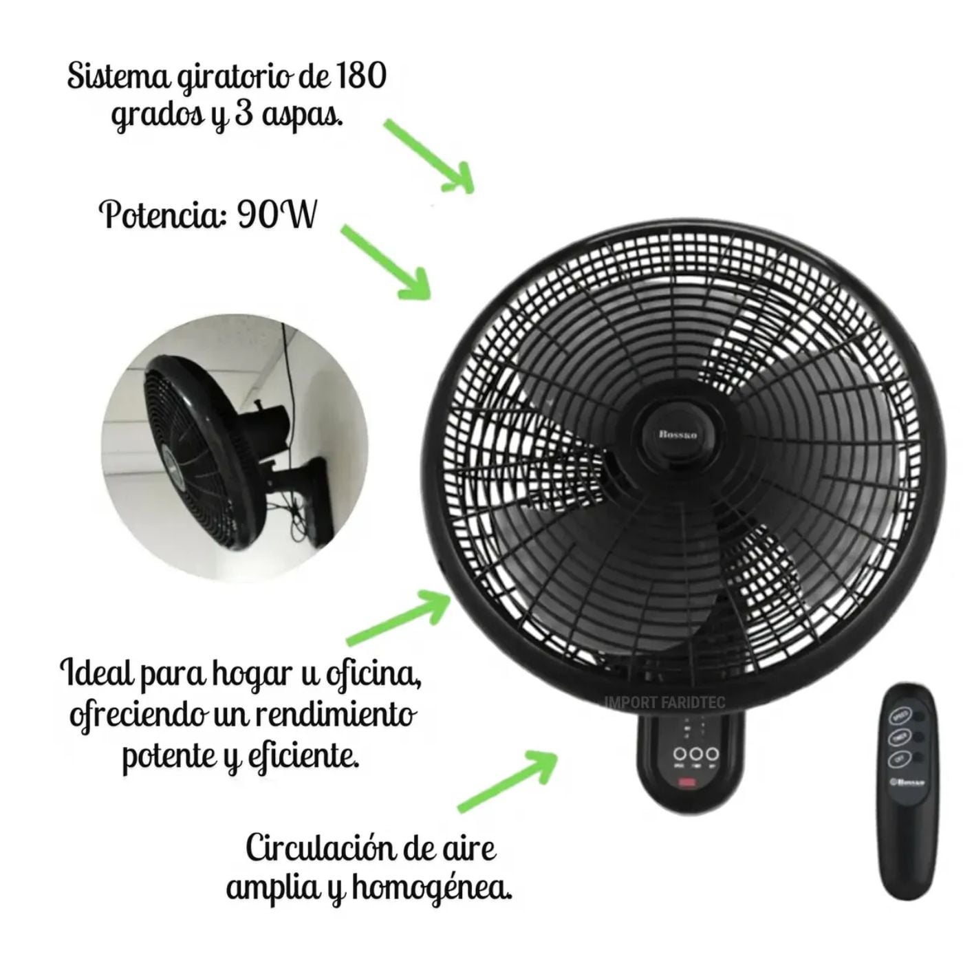 VENTILADOR DE PARED BOSSKO BK-16-8010PD 90W NEGRO - 5