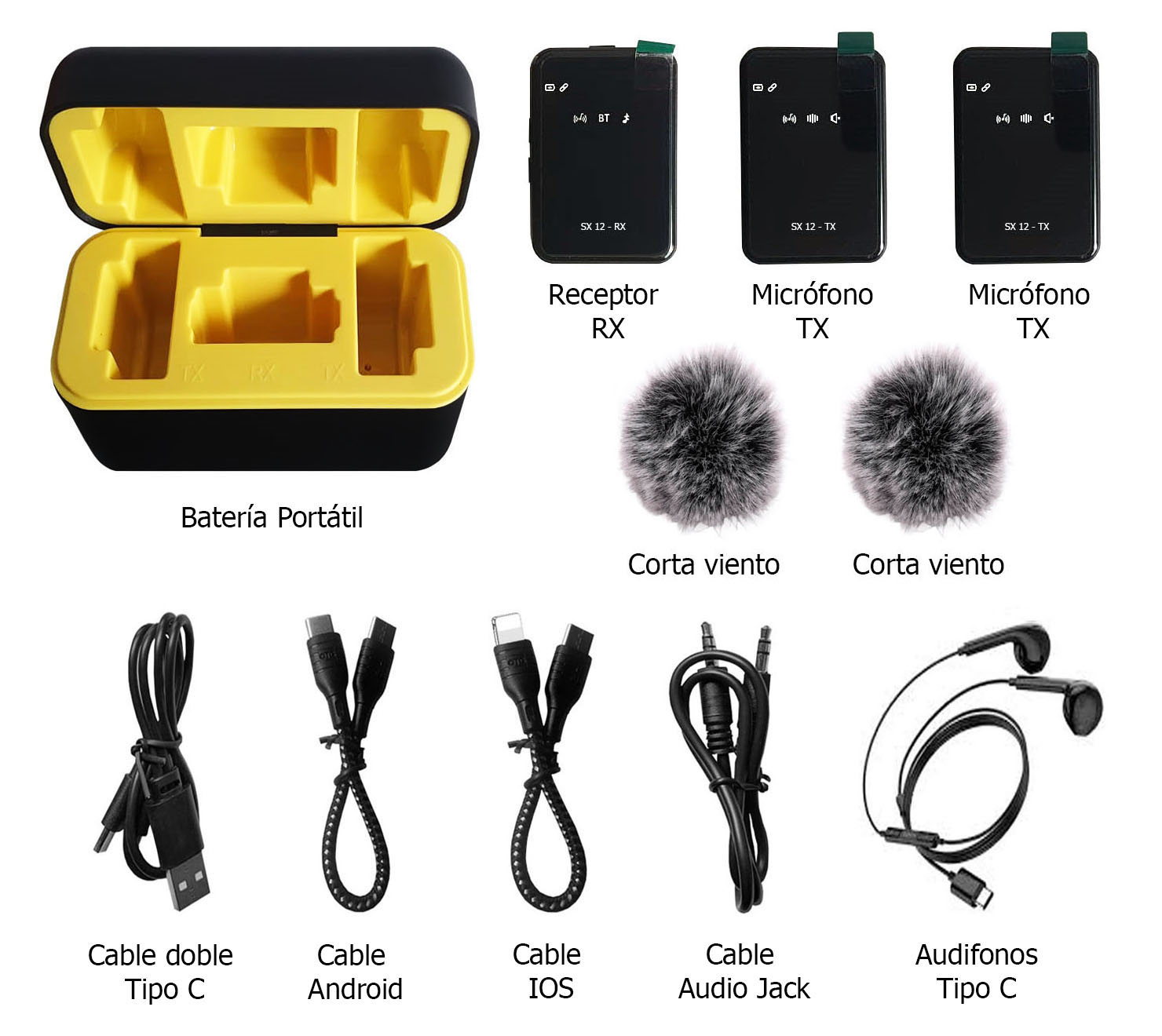 MICRÓFONOS INALÁMBRICO SX12 S DUAL 3 EN 1 TIPO C IPHONE CÁMARA DSLR Y EQUIPOS SONIDO CON BASE CARGA E INDICDOR LED - 2