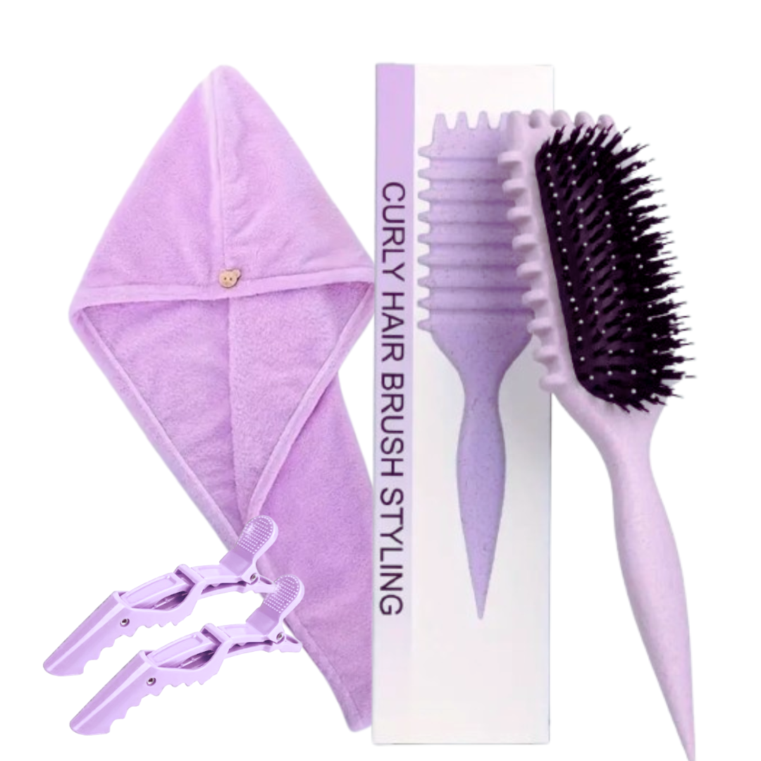 KIT DE CUIDADO PARA EL CABELLO RIZADO COLOR LILA PEINE CULY BOUNCE, TURBANTE DE MICROFIBRA Y GANCHOS - 1