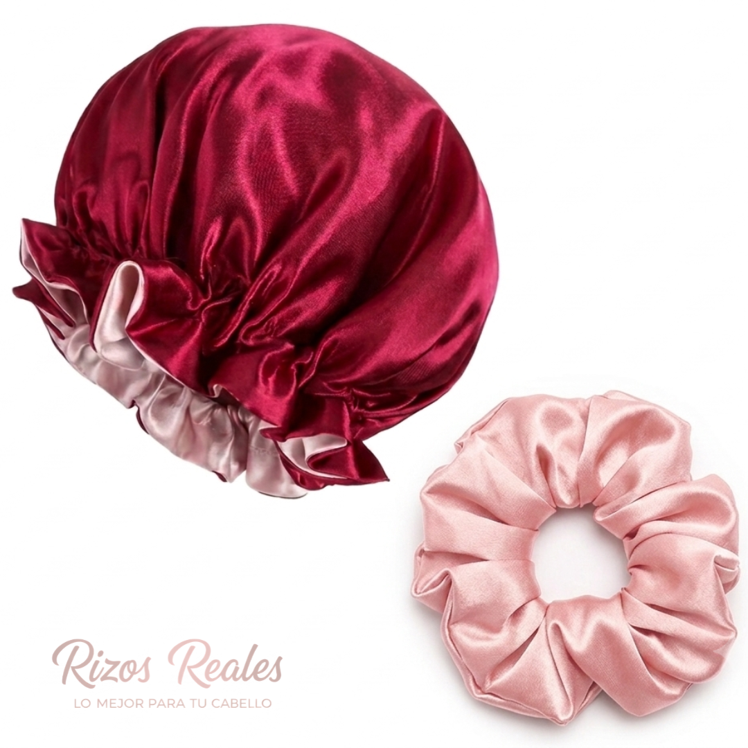 SET DE GORRO DE SATÍN REVERSIBLE MÁS SCRUNCHIE SATÍN GUINDA CON PALOROSA - 1