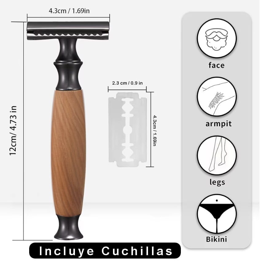MAQUINA AFEITAR RASURADORA CLÁSICA AFEITADORA METAL Y MADERA+ NAVAJAS - 2