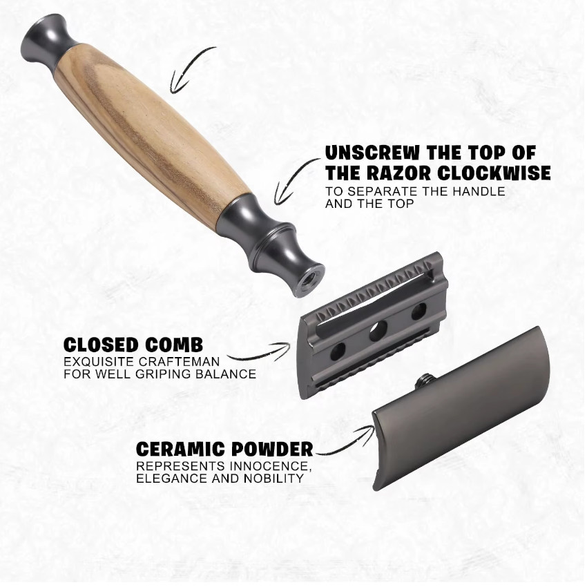 MAQUINA AFEITAR RASURADORA CLÁSICA AFEITADORA METAL Y MADERA+ NAVAJAS - 3