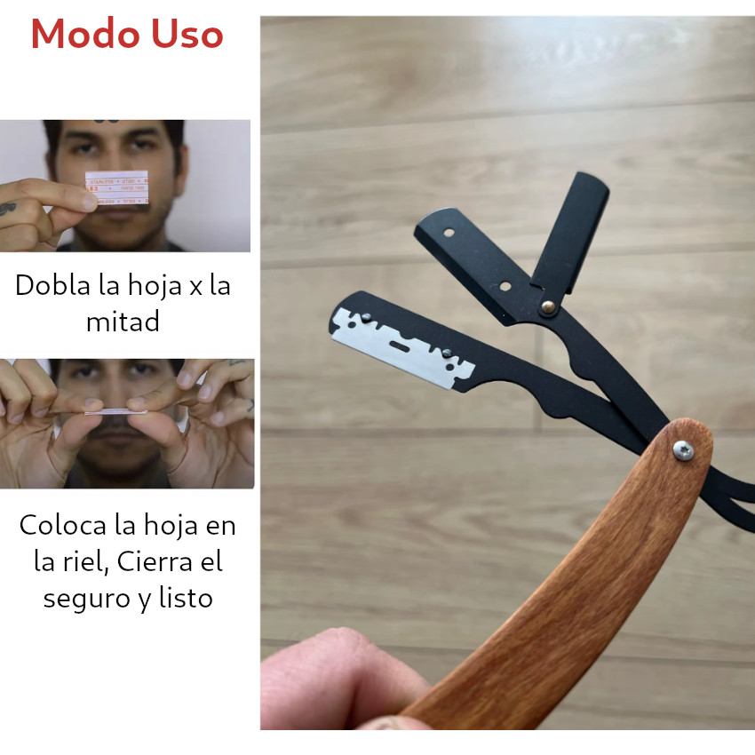 NAVAJA AFEITAR 3 CUERPOS ACERO INOX. CON MANGO MADERA - 2
