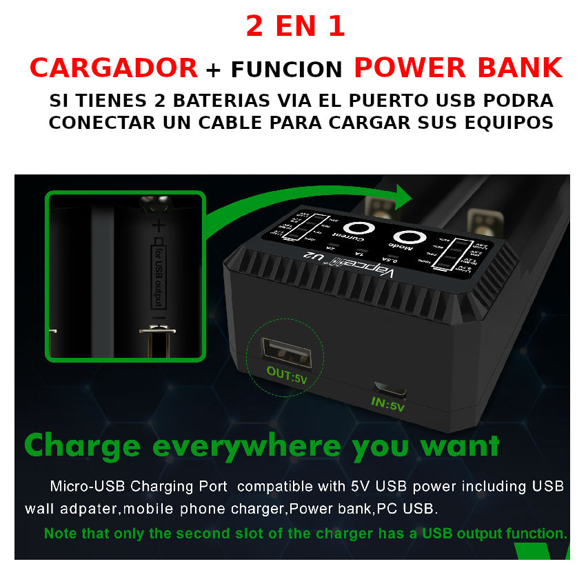 CARGADOR BATERIAS18650 LI-ION AA AAA LIFEPO 4 FAST CHARG 2A POWERBANK - 3