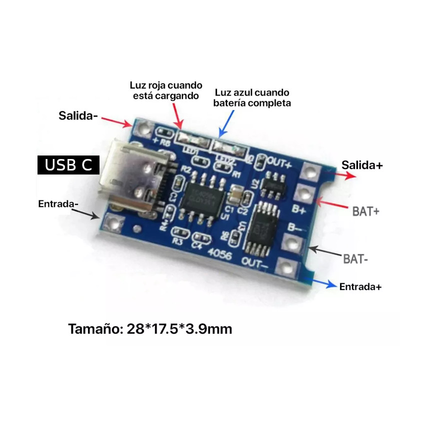 PACK 4 CIRCUITO PLACA TP4056 CARGADOR BATERÍA LITIO 18650 TIPO USB C - 4