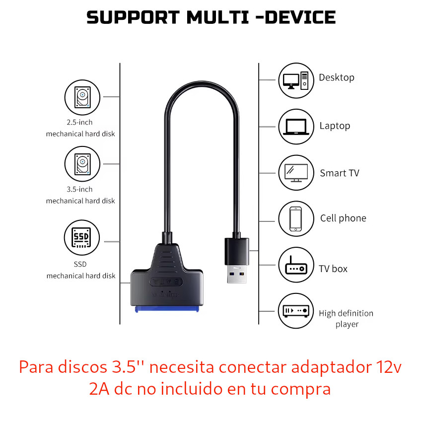 CABLE LECTOR ADAPTADOR SATA A USB 3.0 DISCO SSD HDD 3.5 2.5 - 3