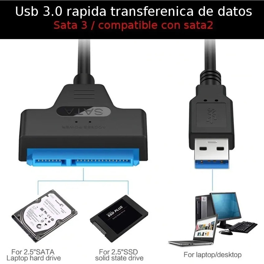 CABLE ADAPTADORSSD HDD DISCO DURO 3.0 SATA A USB LECTOR DISCO DURO - 3
