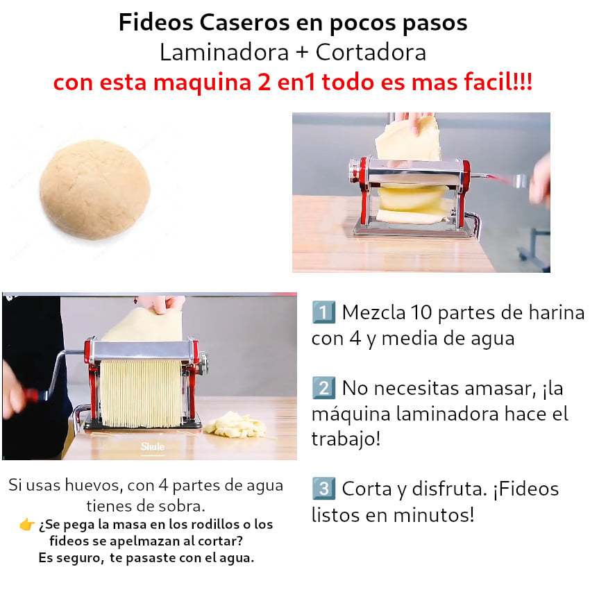 MÁQUINA PARA FIDEOS PASTA FACIL CASEROS ACERO INOX CORTA + LAMINADORA RODILLOS AJUSTABLES - 2