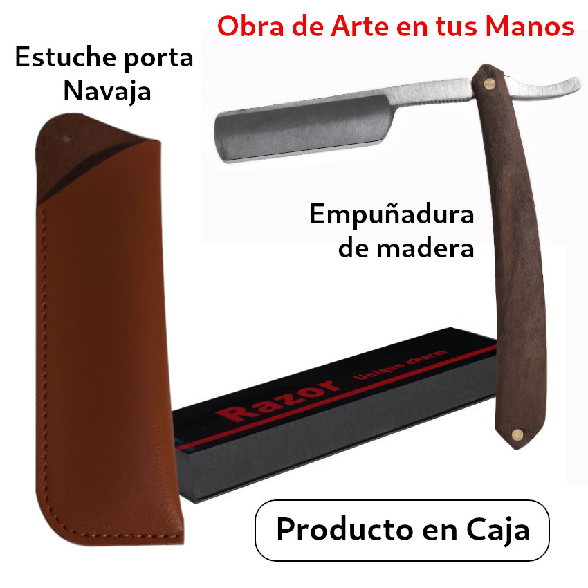 Navaja Recta Barbero + Case Transportador Mango De Madera Afeitado Preciso - 3