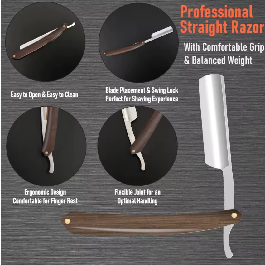 Navaja Recta Barbero + Case Transportador Mango De Madera Afeitado Preciso - 4