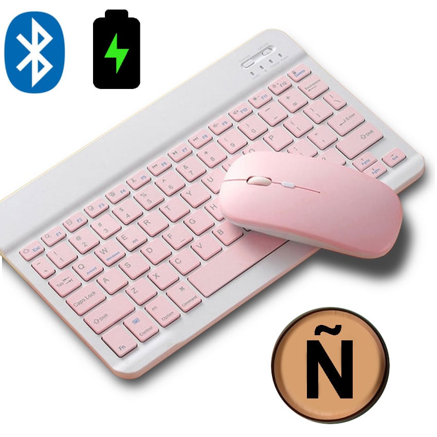 TECLADO MOUSE BLUETOOTH INALAMBRICO RECARGABLE PC ANDROID IPAD MAC TABLET (Ñ) INCLUIDA COLOR ROSA - 1