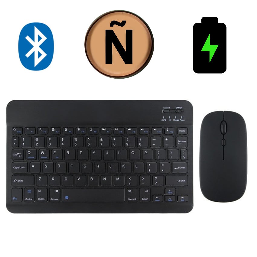 TECLADO MOUSE BLUETOOTH INALÁMBRICO RECARGABLE ESPAÑOL PC ANDROID IPAD MAC TABLET NEGRO - 1