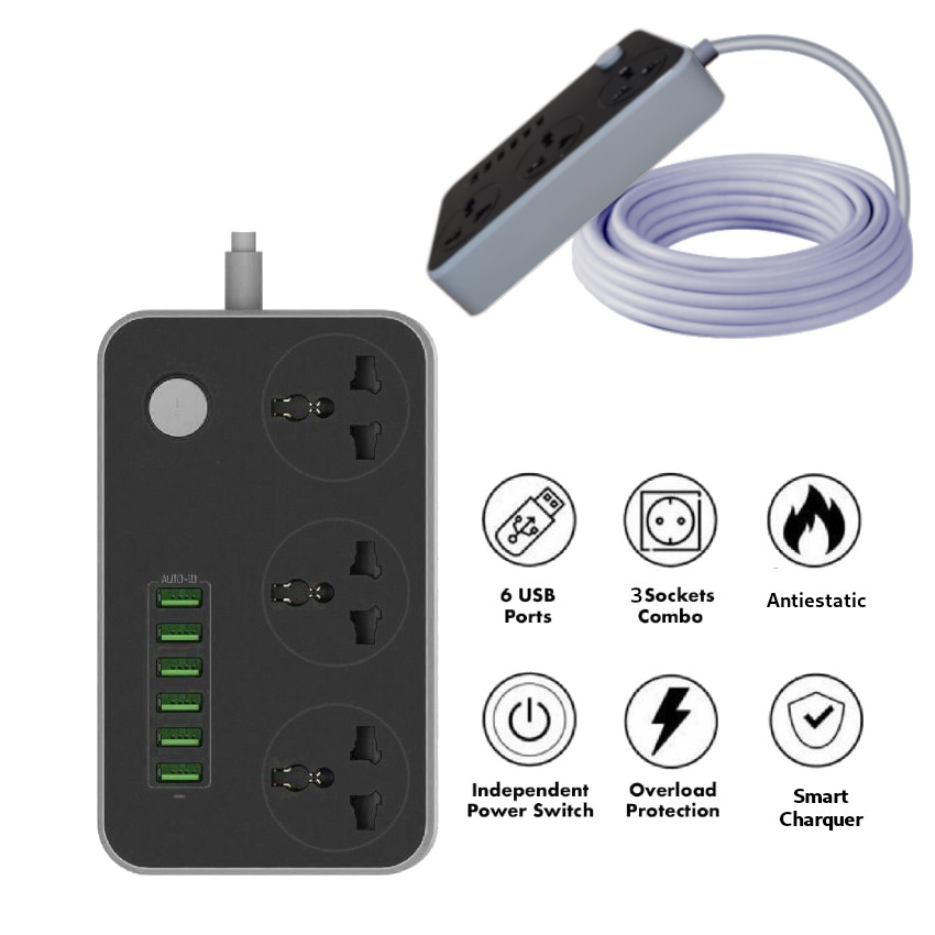 EXTENSION TOMACORRIENTE HUAVI R36 6 USB 3 SOCKET 2MT SMART CHARGUER ESTACION CARGA - 1