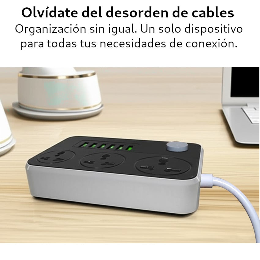 EXTENSION TOMACORRIENTE HUAVI R36 6 USB 3 SOCKET 2MT SMART CHARGUER ESTACION CARGA - 2