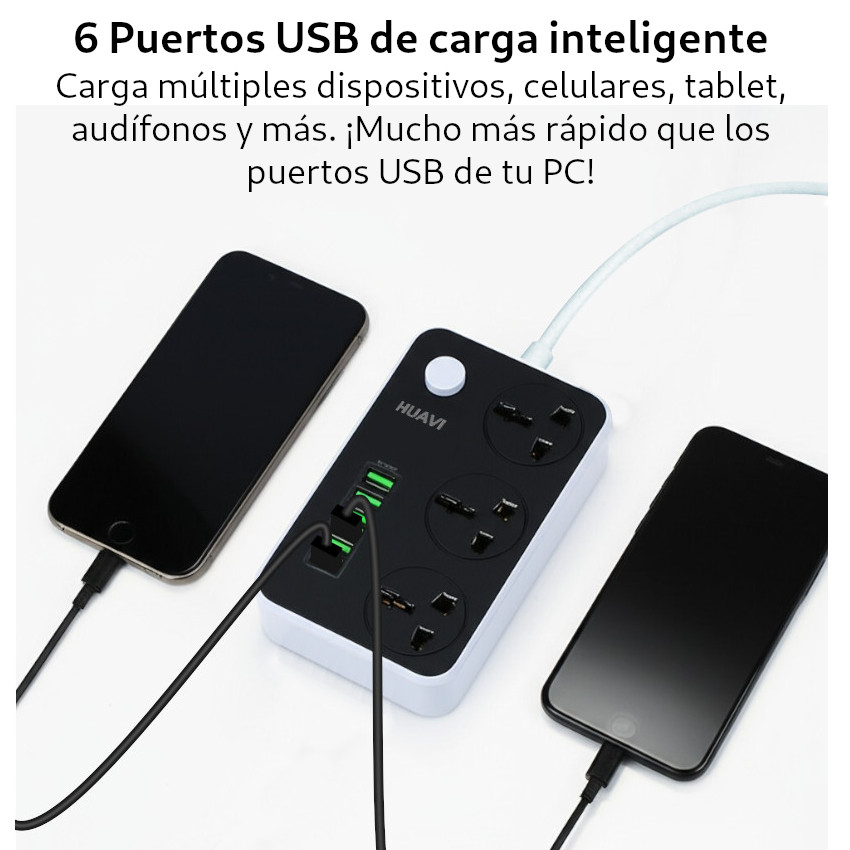 EXTENSION TOMACORRIENTE HUAVI R36 6 USB 3 SOCKET 2MT SMART CHARGUER ESTACION CARGA - 3