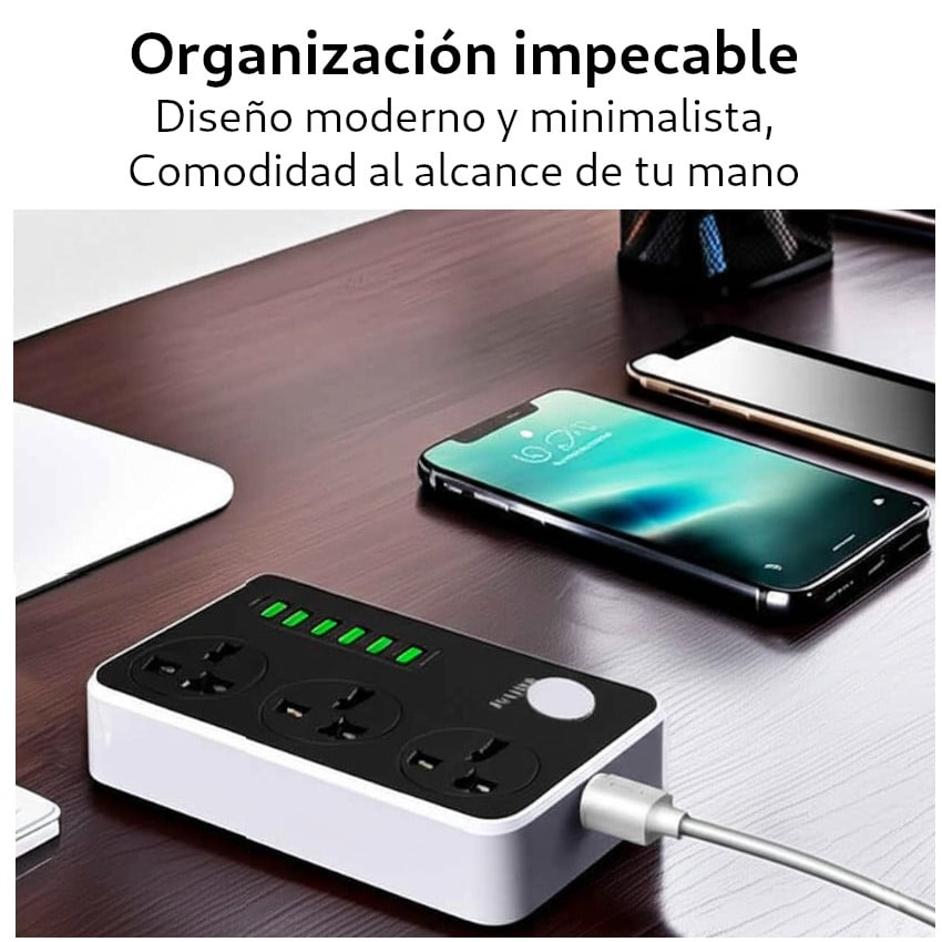 EXTENSION TOMACORRIENTE HUAVI R36 6 USB 3 SOCKET 2MT SMART CHARGUER ESTACION CARGA - 4