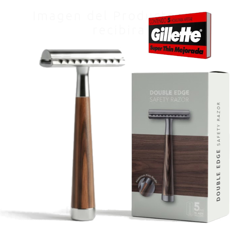 MÁQUINA AFEITAR RASURADORA AFEITADORA CLÁSICA METAL MANGO MADERA +HOJILLAS GILLETTE UNISEX - 1
