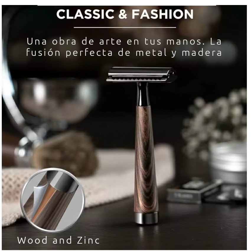 MÁQUINA AFEITAR RASURADORA AFEITADORA CLÁSICA METAL MANGO MADERA +HOJILLAS GILLETTE UNISEX - 5