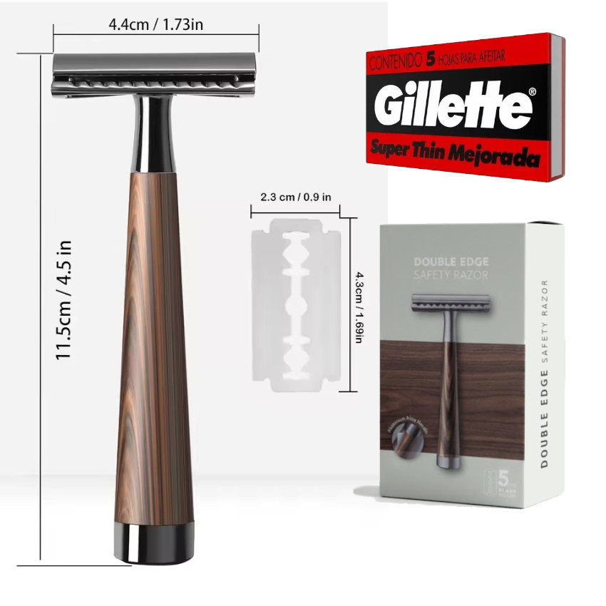 MÁQUINA AFEITAR RASURADORA AFEITADORA CLÁSICA METAL MANGO MADERA +HOJILLAS GILLETTE UNISEX - 6