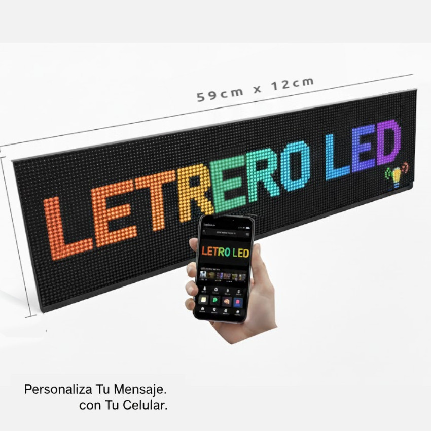 LUZ CARTEL LETRERO LED RGB PROGRAMABLE APP CELL USB 60X12CM BLUETOOTH - 1