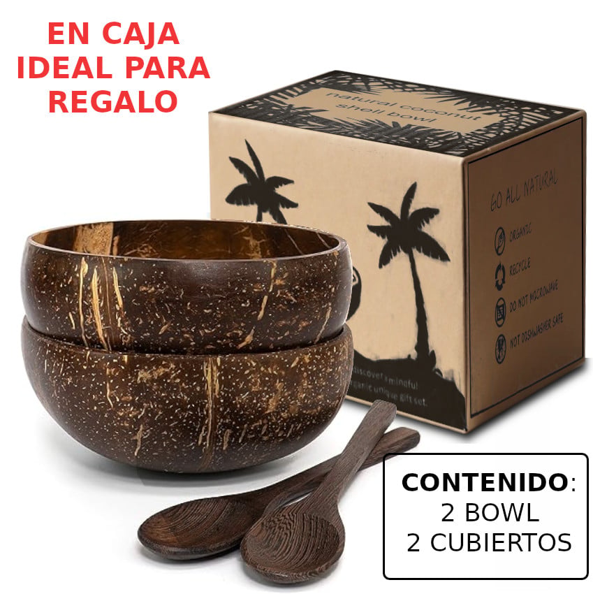 PACK 4 PZAS CUENCO BOWLS PLATO COCO NATURAL SET VAJILLA + CUBIERTOS EN CAJA NATURAL COCONUT - 2