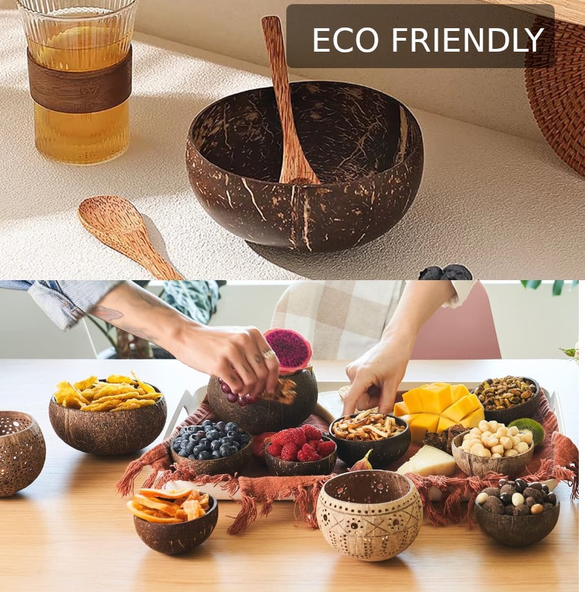 PACK 4 PZAS CUENCO BOWLS PLATO COCO NATURAL SET VAJILLA + CUBIERTOS EN CAJA NATURAL COCONUT - 3