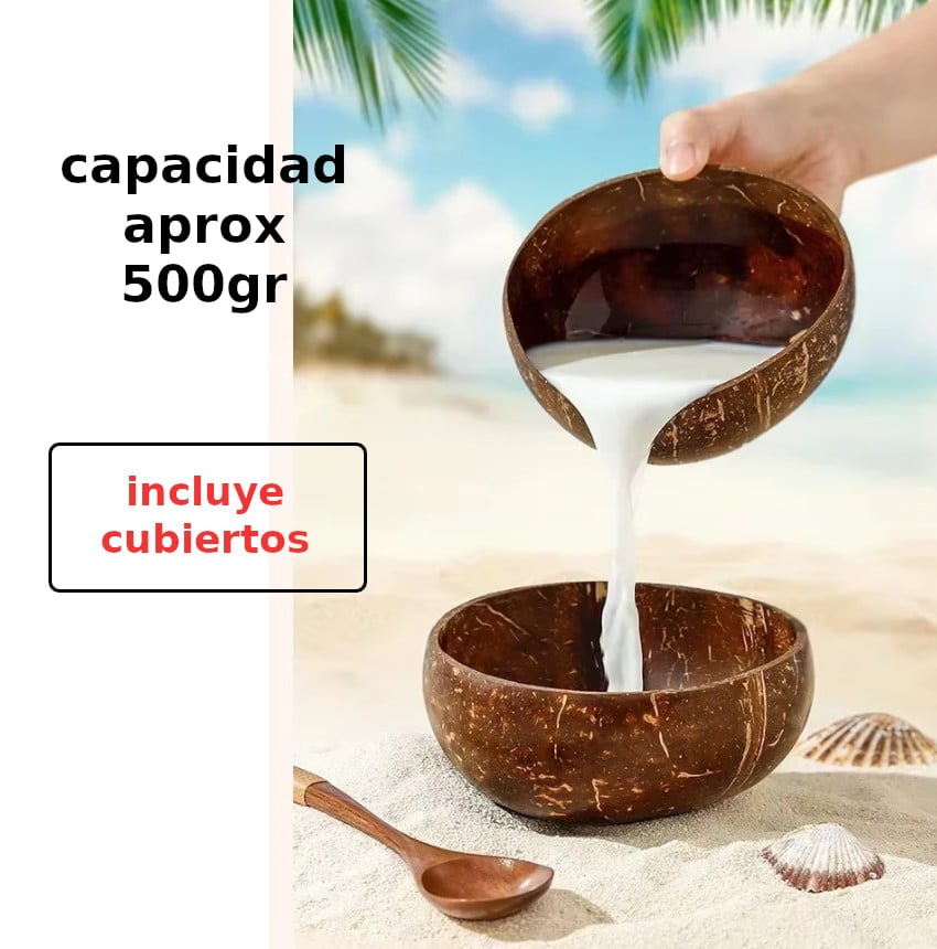 PACK 4 PZAS CUENCO BOWLS PLATO COCO NATURAL SET VAJILLA + CUBIERTOS EN CAJA NATURAL COCONUT - 5