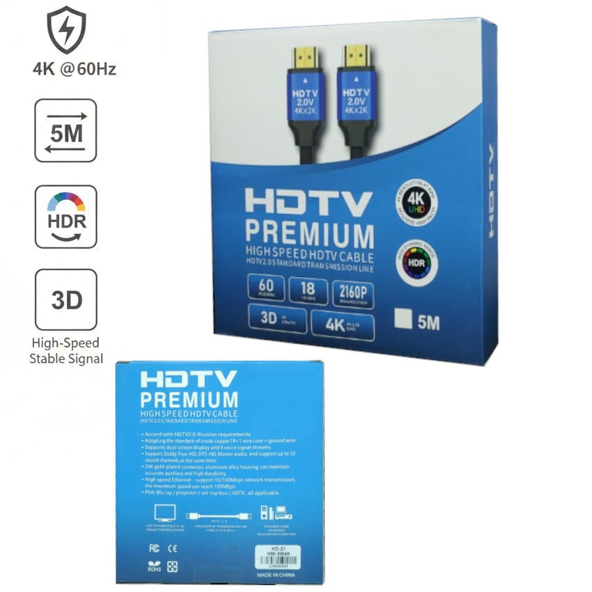 CABLE HDMI EXTRA LARGO AZUL  5 MTS 4K 60HZ 3D FULL HD ULTRA 3D PREMIUN - 4