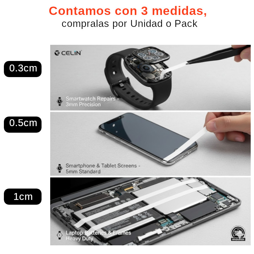 PACK X TRES CINTA DOBLE CARA CONPACTO CELULARES LAPTOPS TABLETS REPARACIÓN 3MM 5MM 1CM SS2477 SS2478 - 2