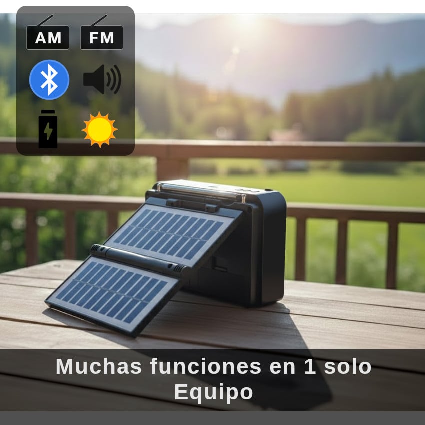 RADIO SOLAR PORTÁTIL DOBLE PANEL ABATIBLE PANEL SOLAR BATERÍA INCLUIDA 18650 - 2
