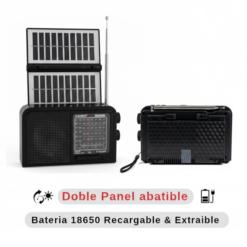 RADIO SOLAR PORTÁTIL DOBLE PANEL ABATIBLE PANEL SOLAR BATERÍA INCLUIDA 18650 - 3