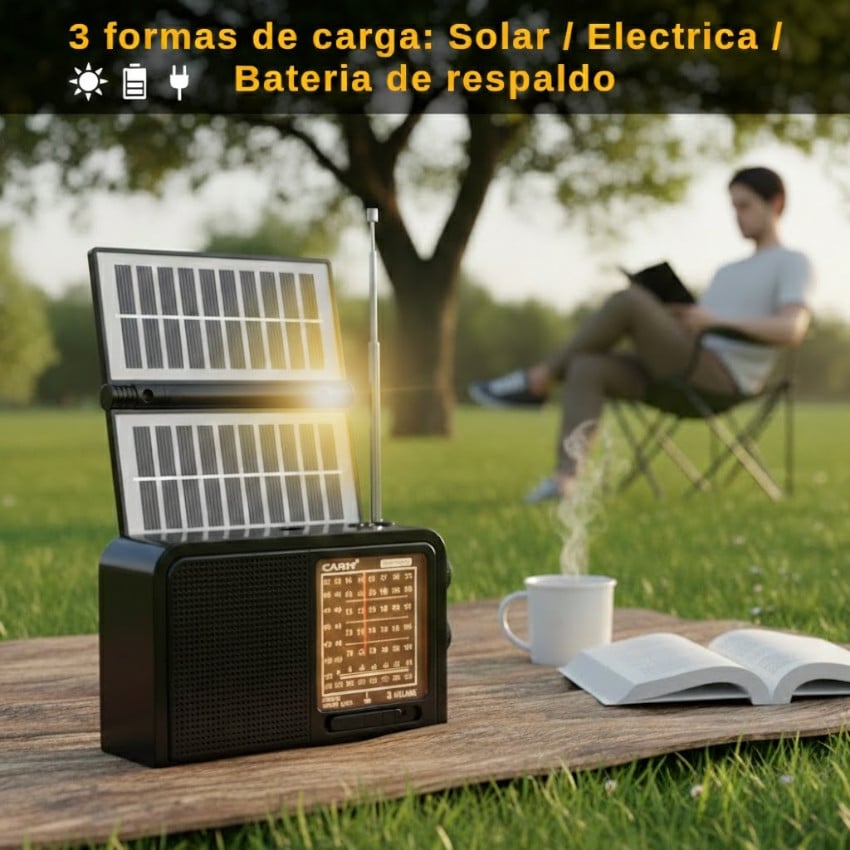 RADIO SOLAR PORTÁTIL DOBLE PANEL ABATIBLE PANEL SOLAR BATERÍA INCLUIDA 18650 - 4