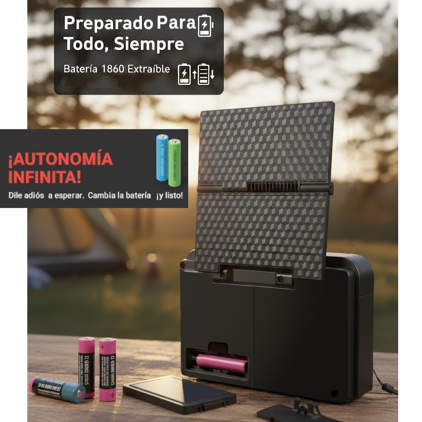 RADIO SOLAR PORTÁTIL DOBLE PANEL ABATIBLE PANEL SOLAR BATERÍA INCLUIDA 18650 - 6