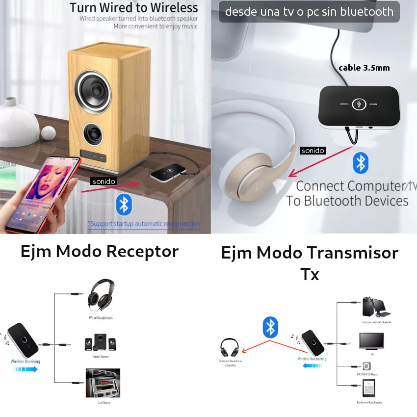 2EN1 RECEPTOR TRANSMISOR RECARGABLE BLUETOOTH 5.0 CELL PC - 3
