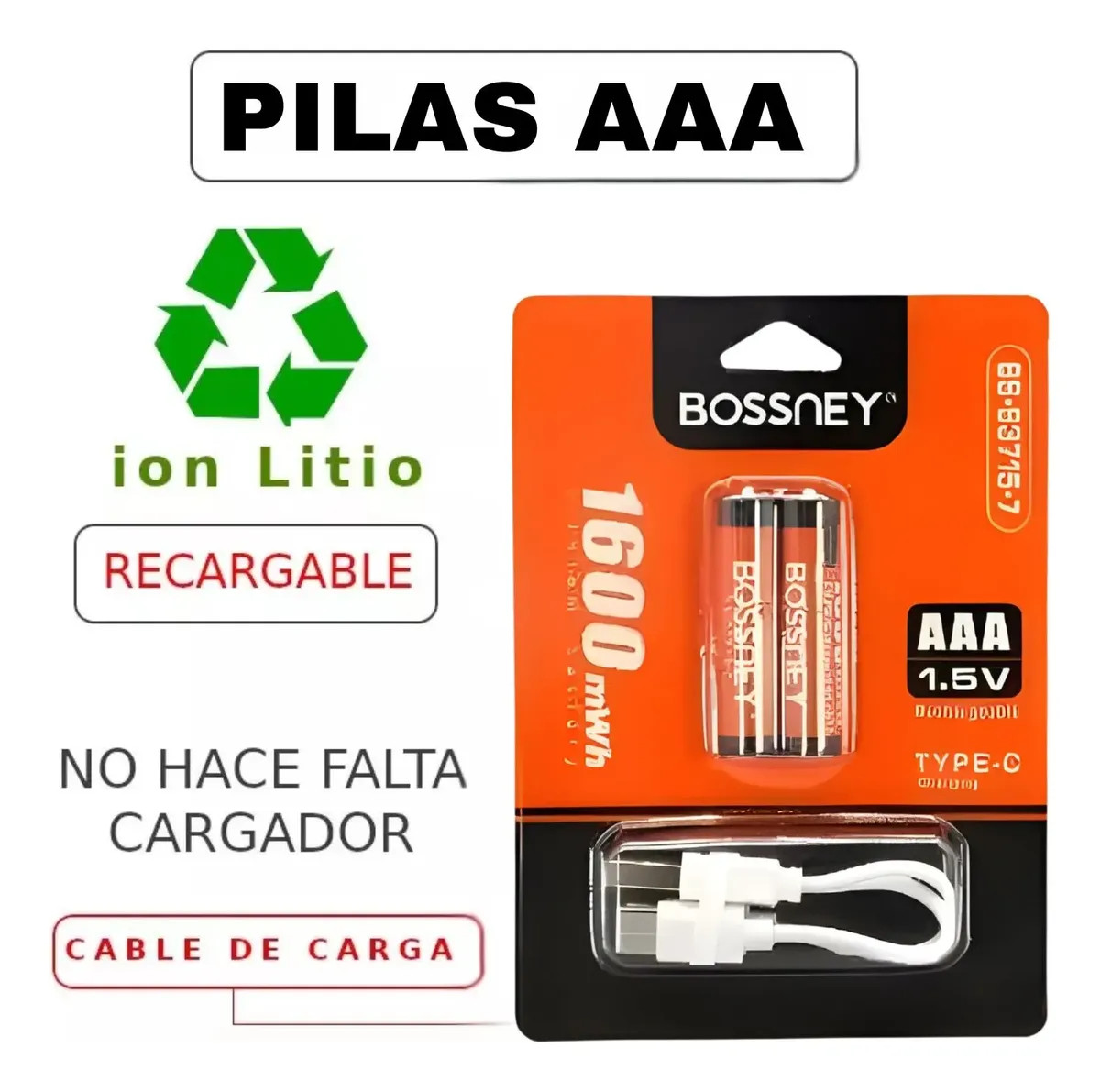 PACK 2 PILAS AAA RECARGABLE USB LI-ON LITIO CARGADOR INCLUIDO 1.5V - 4