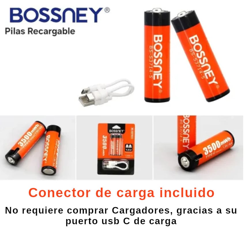 PACK PILAS AA DOBLE A 2A RECARGABLE USB C LI-ON LITIO CARGADOR INCLUIDO 1.5V - 3