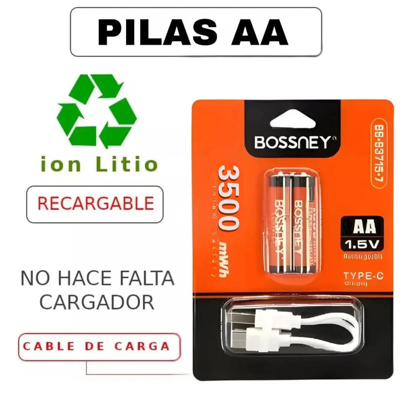 PACK PILAS AA DOBLE A 2A RECARGABLE USB C LI-ON LITIO CARGADOR INCLUIDO 1.5V - 4